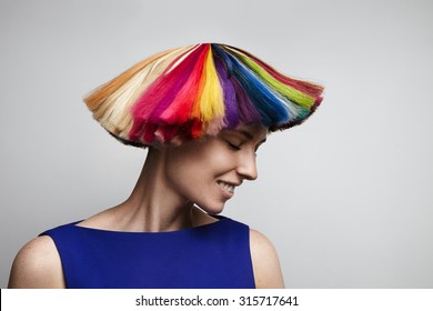 Woman Shake Her Rainbow Color Hair