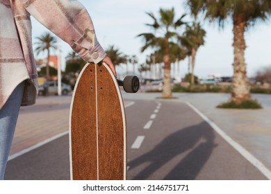 Woman with a shirt holding a longboard on a bike path towards the beach. Young girl holding a skate and casting her shadow on the paved bike path between palm trees.