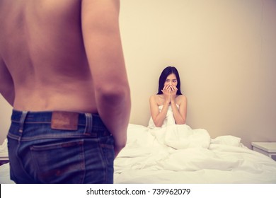 Woman In Shock Looking At Mans Penis At Bed Room In The Hotel