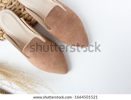 Woman Shoes clogs. closeup. Top view. Women fashion. Ladies accessories. Girly casual formal shoe isolated. white background. Footwear on floor. Copy space, mockup. flat lay Selective focus