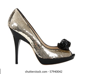 Woman Shoes With Golden Sequin, Isolated On The White Background