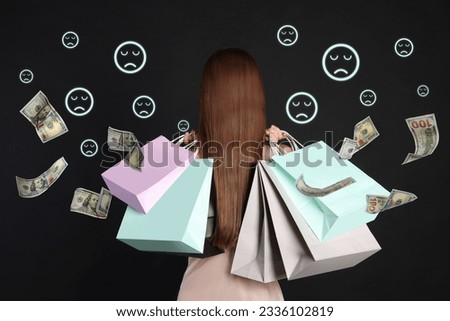 Woman with shopping bags on black background, back view. Sad emoji illustrations and falling dollar banknotes symbolizing buyer's remorse