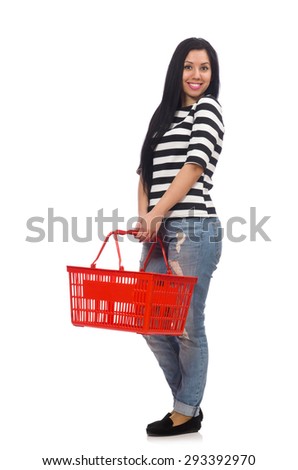 Woman with shopping cart isolated on white