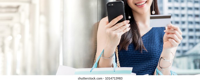 Woman Shopping Online And Making Payment Digitally With Credit Card Using Mobile Phone Application, Panoramic Banner