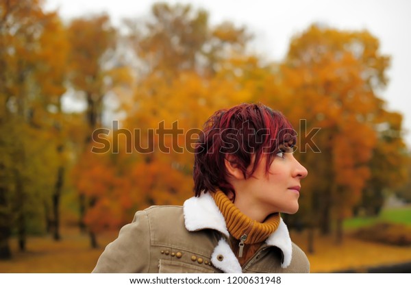 woman short hair red hair profile stock photo edit now