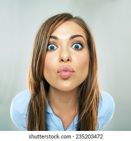 Woman Show Kiss Lips, Face Portrait Of Business Woman. Funny Face Isolated.