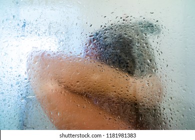 Woman Shower Behind Glass Drops Stock Photo Edit Now