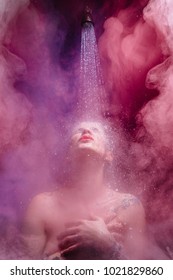 Woman In Shower With Colorful Steam