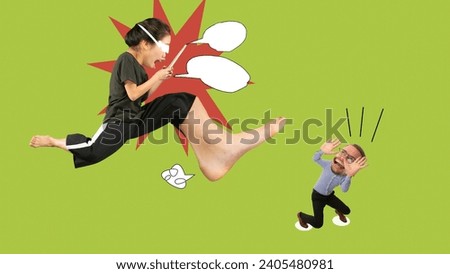 Woman showing domination over man, challenging traditional gender norms. Conceptual design. Contemporary artwork. Concept of social influence, stereotypes, equality, gender discrimination