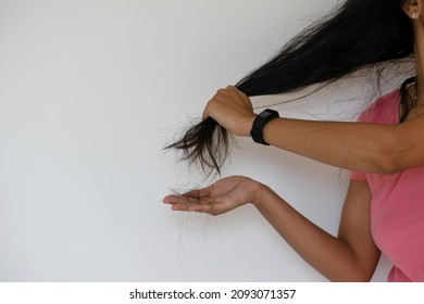 A woman showing excessive hair fall, hair loss, damage, dandruff, pollution, thin, grey hair in a white background. Hair transplantation, protein deficiency, sleep, nutrition, oil, condition, shampoo. - Shutterstock ID 2093071357
