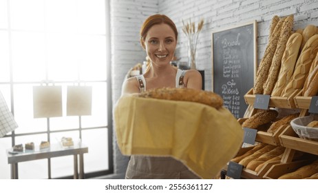 Woman showing fresh bread in a cozy bakery interior with elegant decor, featuring diverse pastries displayed on shelves. - Powered by Shutterstock