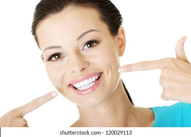 Woman Showing Her Perfect Straight White Teeth.