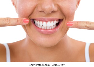 Woman Showing Her Perfect Straight White Teeth.