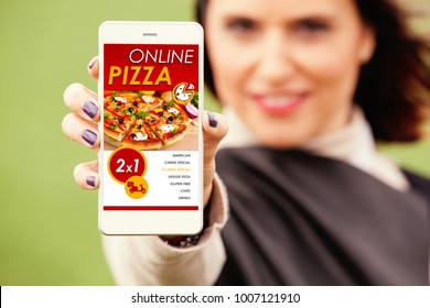 Woman Showing A Mobile Phone With Pizza Shop App In The Screen.