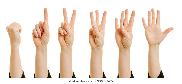 Woman showing numbers from zero to five with her fingers - Shutterstock ID 301037627
