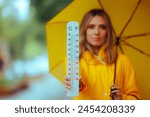 
Woman Showing an Outdoor Thermometer During a Rainy Day. Unrecognizable person measuring the temperature outside during rainstorm
