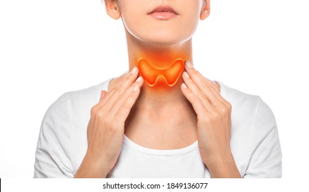 Woman showing painted thyroid gland on her neck. Enlarged butterfly-shaped thyroid gland, isolated on white background - Shutterstock ID 1849136077