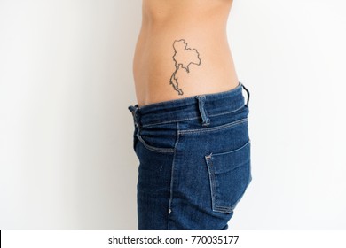 Woman Is Showing Thailand Map Tattoo On Her Waist