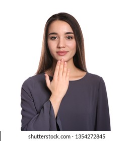 Woman Showing THANK YOU Gesture In Sign Language On White Background