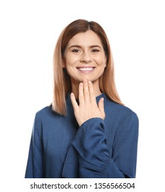 Woman Showing THANK YOU Gesture In Sign Language On White Background