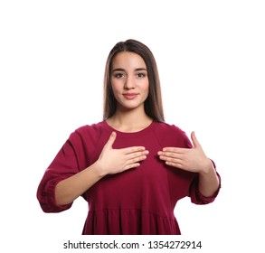 Woman Showing Word HAPPY In Sign Language On White Background