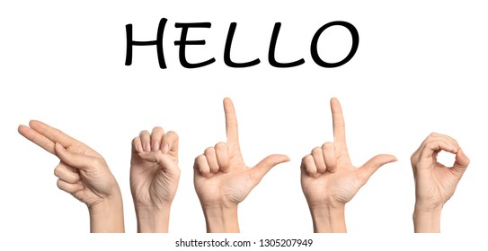 Woman Showing Word Hello On White Background. Sign Language