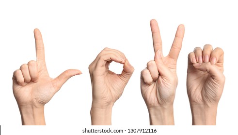 Woman showing word Love on white background. Sign language