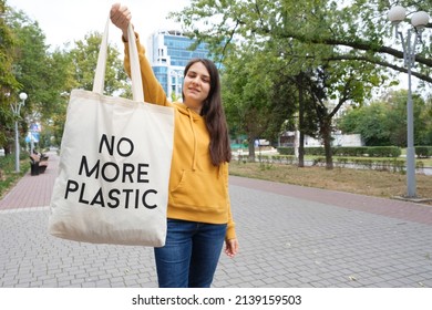 Woman Shows Fabric Reusable Bag Text Stock Photo 2139159503 | Shutterstock