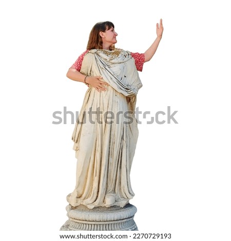 woman shows hand gesture as philosophers in ancient Greece, isolated on a white background