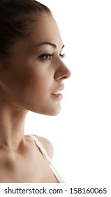 Woman Side View Portrait With Sensual Open Mouth. Close Up White Background