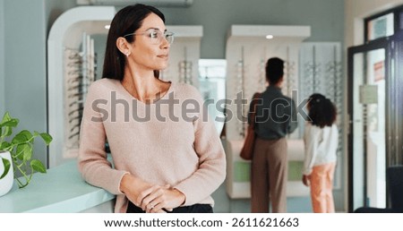 Woman, sight and thinking with vision at optometry for small business, eyecare or glasses in store. Female person, optometrist or thoughtful shop owner in wonder for eyewear service at optician