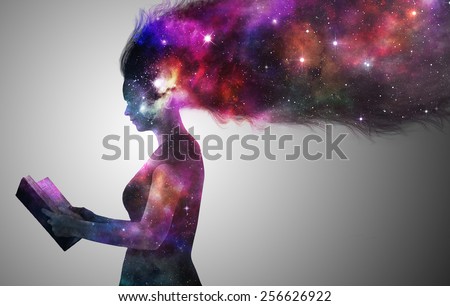 A woman in silhouette reading a book with the universe.