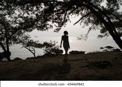 Woman Silhoutte Watching Sea View 