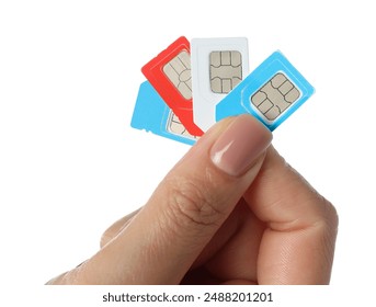 Woman with SIM cards on white background, closeup