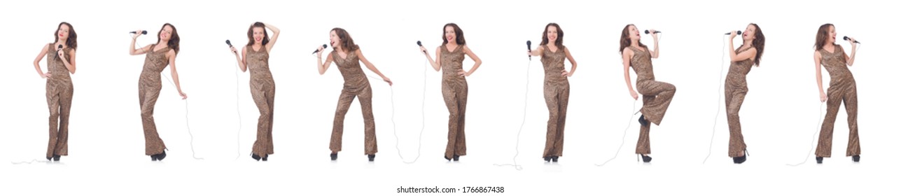 Woman Singer With Microphone On White