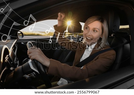 Similar – young women enjoying vacation in the car on road trip