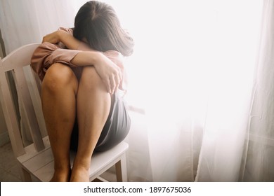Woman Sit Depression And Anxiety Copy Space.