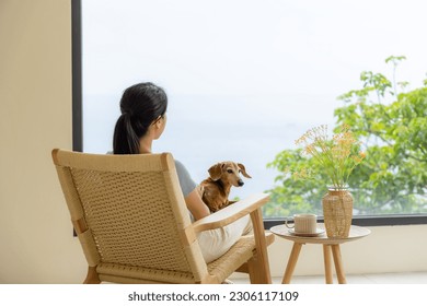 Woman sit on chair with her dog and look outside the window - Powered by Shutterstock