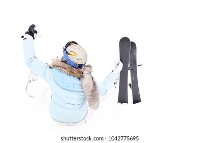 Woman Siting On Snow And Makes Selfie From Go Pro   With Ski Blades On Mountain In Forest In Winter Time