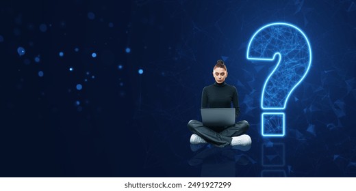 A woman sits with a laptop on a dark digital background with a large glowing question mark. Concept of technology and curiosity - Powered by Shutterstock