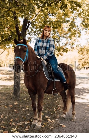 A woman sits on top of a horse. Horse riding in the autumn park. High quality photo
