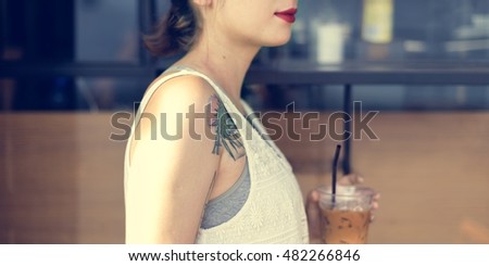 Woman Sitting Alone Drink Cafe Concept