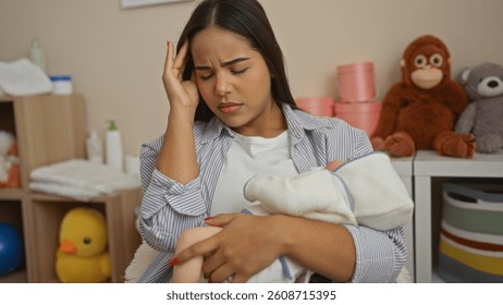 Woman sitting in a bedroom cradling a baby, showing a tired expression, surrounded by soft toys and baby essentials, conveying a sense of exhaustion and motherhood.