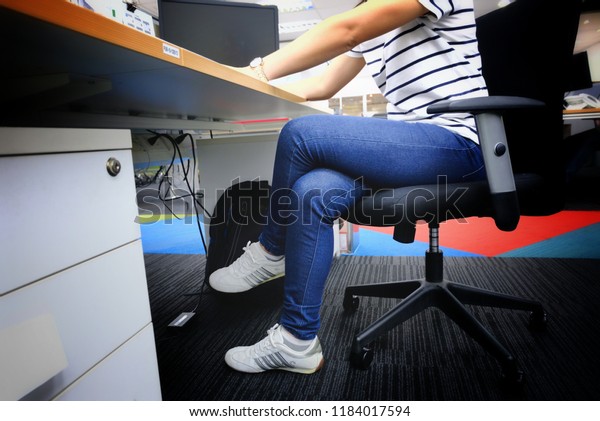Woman Sitting Cross Legged Modern Office People Backgrounds