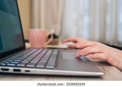 Woman Sitting At Desk And Working On Laptop, Hands On Computer Close Up. Work From Home Concept.