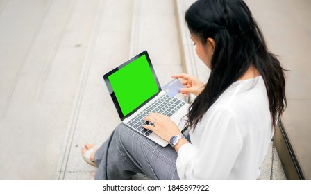 Woman Sitting Down Used Mockup Empty  Green Screen Computer .