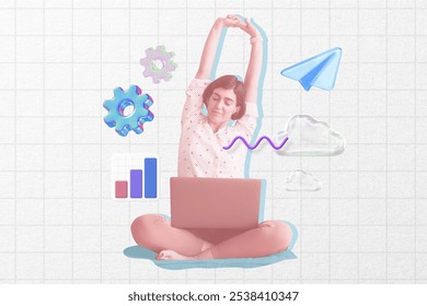 Woman sitting with a laptop business remix collage, surrounded by digital icons, gears, charts, paper plane, symbolizing business technology. Creative remix design Creative business remix design