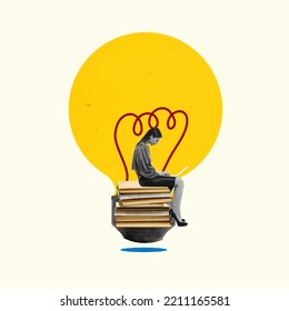 Woman sitting in light bulb. Idea, innovation, creativity, solution concept. Businesswoman having a good idea for a business. Contemporary creative art collage or design. Thought process, ingenuity - Shutterstock ID 2211165581