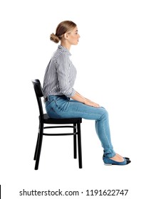 Woman Sitting On Chair Against White Background. Posture Concept