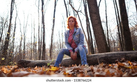 Woman sitting on log in autumn forest. Young woman with red hair in outwear sitting on fallen log in rural forest looking away in sunlight - Powered by Shutterstock